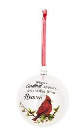 Plastic 3" Ornament with Cardinal - "When a Cardinal appears, it's a visitor from Heaven." Each ornament with a printed enclosure card. Each ornament comes with a 3" red organza loop for easy hanging. 