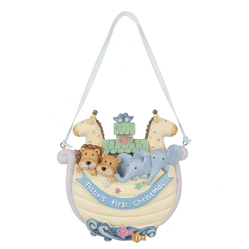 "Baby's First Christmas" Noah's Ark Ornament. Multi colored resin ornament is a perfect gift for a new baby!  Dimensions: 3.75" L. x 1.5" W. x 4" H.