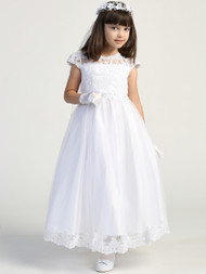 This communion dress has embroidered lace on a tulle bodice. Bodice also has beads & sequins. Tulle skirt has an embroidered applique hem. Dress has cap sleeves and is Tea-length. Accessories are sold separately. Made in the USA.  **3 Dress Limit per order!