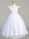 This communion dress has embroidered lace on a tulle bodice. Bodice also has beads & sequins. Tulle skirt has an embroidered applique hem. Dress has cap sleeves and is Tea-length. Accessories are sold separately. Made in the USA.  **3 Dress Limit per order!