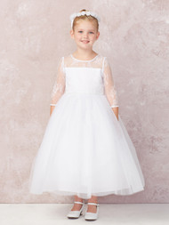 This ankle length communion dress has 3/4 sleeves and illusion neckline of soft lace. Communion Dress is made with a tulle skirt. 3 Dress Limit per Order!