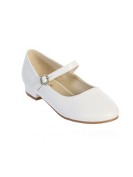Girls matte white buckle shoe with mini heel. Shoe has a with a circle of rhinestones around the buckle for added decoration.
