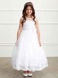Lace Communion Dress with Embroidered Skirt. Dress is sleeveless with an Illusion Neckline. 3 Dress Limit per order