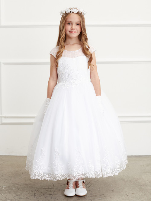 Communion Dress with lace bodice and hem. Dress has cap sleeves with an Illusion Neckline. 3 Dress Limit per Order!