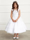 This gorgeous communion dress has an illusion neckline with a tulle 3 tier skirt. appliques on bodice. Vee shaped in back with satin belt. Zipper closure. 3 Dress Limit per Order!