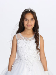  Girls First Communion Tiara Veil with Maria Embroidery
