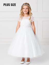 Girls Mesh Cap Sleeved Illusion Neckline Dress with Gorgeous Lace Applique in Half Sizes.  The Back of the Dress has Bridal Buttons and a Sash Tie Back.  Three Dress Limit per order!