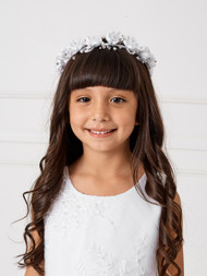 Girl's First Communion Headpiece-Pearls, Beads and Satin Flowers adorn this crown with satin bow and ribbons in back