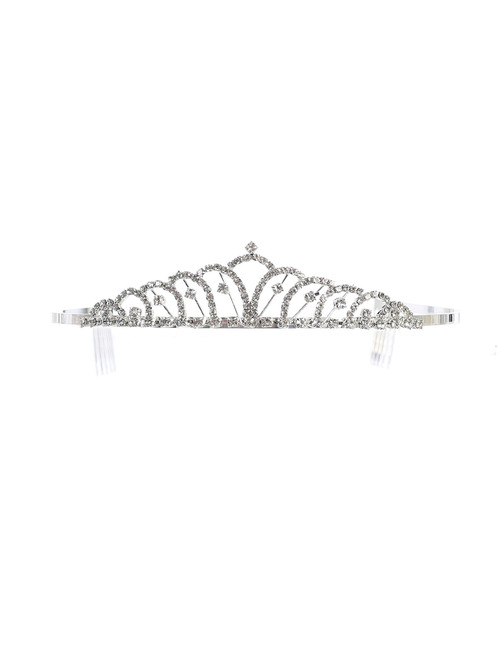 The 1 1/2" high silver crown features sparkling clear rhinestones. A beautiful addition to any communion dress!