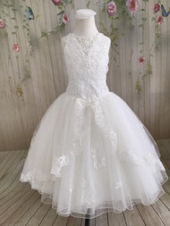 Christie Helene Communion Dress. This stunning Christie Helene Dress is a Diamond White material The dress has short sleeves, a double tulle skirt with a beaded lace overlay.  The dress features a drop waist and all over beaded lace appliques. 
Please call us at 1.800.523.7604 for verification of items in stock as they are selling quickly!

