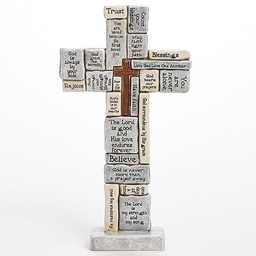 12.5"H Crossword Standing Cross.  Made of a resin/stone mix. 