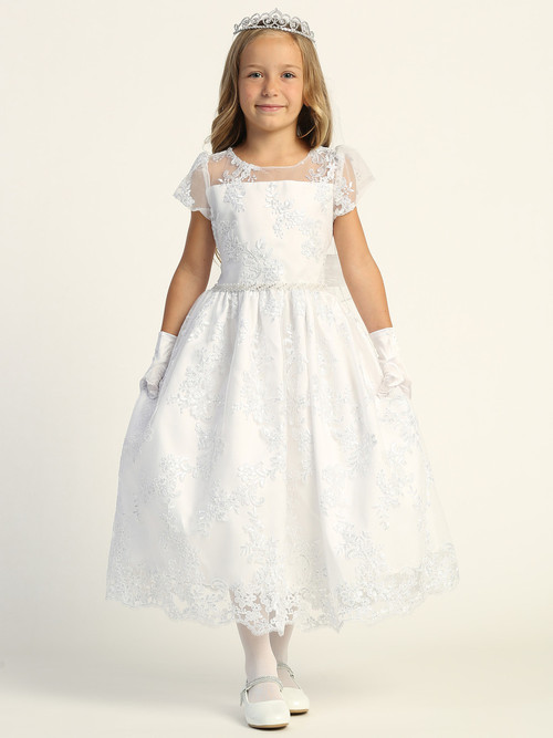 This communion dress is an embroidered tulle dress with sequins. Tea-length. Corded belt. Accessories are sold separately. 
Made in the USA. 
3 Dress Limit per order!