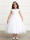 Communion Dress- Cap Sleeved Lace Bodice Girls Dress
Corded lace bodice with pearls and sequins
Mesh overlay skirt
Rear center zipper and sash tie back
Ankle length
 