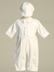 Grayson, Boys embroidered cotton vest with long poly cotton romper set