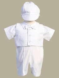 Theo, Boys embroidered cotton vest and poly cotton romper set
