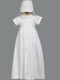 Mason ~ Cotton weaved romper with detachable gown. This heirloom christening outfit can be worn as a romper or a gown.  This is the image of the romper under the gown.  Sizes : 0-3m, 3-6m, 6-12m, 12-18months. Made in USACotton weaved romper with detachable gown.