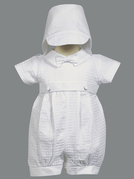 Mason ~ Cotton weaved romper with detachable gown. This heirloom christening outfit can be worn as a romper or a gown.  This is the image of the romper under the gown.  Sizes : 0-3m, 3-6m, 6-12m, 12-18months. Made in USA