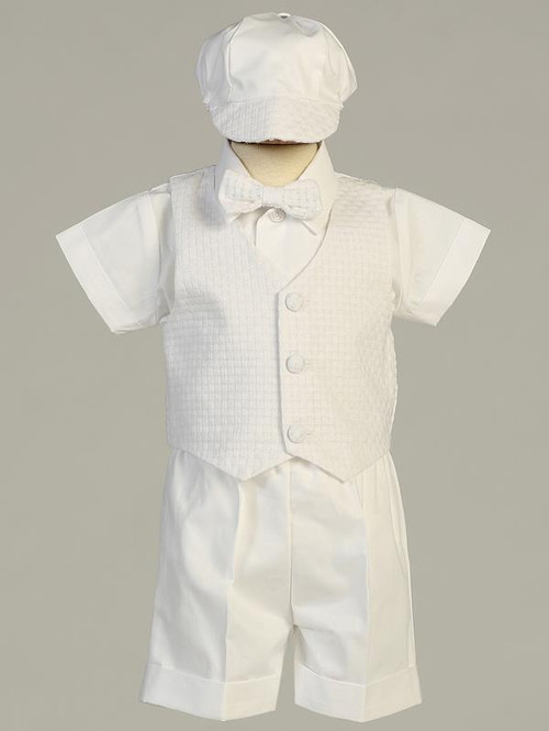 Dexter ~ Polycotton short set with basketweave vest. Bow tie and hat included! Sizes : 0-3m, 3-6m, 6-12m, 12-18m, & 18-24m.  Made in USA. 