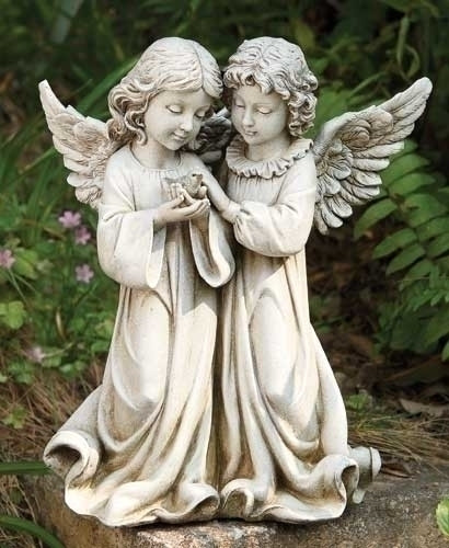 From the Garden Collection ~ Two Angels Holding a Bird. Made of a Resin Stone mix. Dimensions: 12.25"H 10.5"W 6.5"D