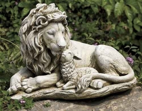 From the Garden Collection. Lion and Lamb Garden Figure. figure measures 12.25"H x 20"W x  10"D. Figure is made of a Resin / Stone Mix