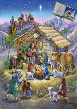 A classic night time Nativity scene. Prepare for Christmas by opening a window each day during Advent to reveal a special picture. The front is accentuated with glitter and bible text that follows the story of the Nativity is presented on the back of each window. This Advent calendar measures 8 1/4"x11 3/4". Easy to hang or display anywhere!