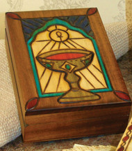 Chalice Design - Handmade Wood Keepsake Box from Poland, 5" x 3.75. Beautifully etched in colored wood. Interior of box is lined with balsa wood. Also available is a Cross Box (Item 37851) 2.75" x 2.75", and a Bible Box (37856) 5" x 3.75'. 