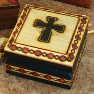 Handmade Wood Keepsake Box from Poland, Cross Box  2.75" x 2.75". Beautifully etched in colored wood. Interior of box is lined with balsa wood. Also available is a , Chalice Design Box (37856)  5" x 3.75, and a Bible Box (37858) 5" x 3.75'. 
