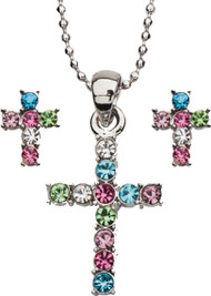 Multicolored Pastel Colors Cubic Zirconia Cross Necklace and Earring Set. Rhodium Plated 16" Bead Chain. Gift Boxed. 