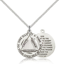 Pewter  "One Day at a Time" Recovery Pendant with Serenity Prayer on reverse side.  Women's pendant measures 3/4" round with 18" chain. Men's pendant measures 1" round with a 24" chain. Made in USA.