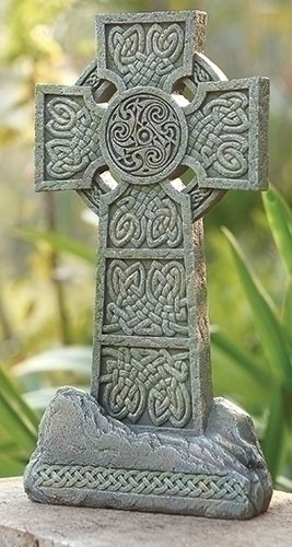 Celtic Garden Statuary with rough stone look.Dimensions: 16.25"H 8.5"W 3.5"D Stone Resin Mix.