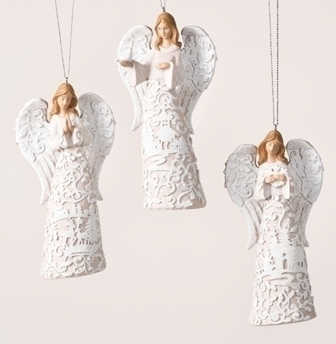 "Paper Cut Look" Angel Ornaments. Resin Material 5.31"H x 2.17"W x 2.76"L. Choose: Angel Holding Snowflake, Angel Holding Dove, or Angel Praying. Each SOLD SEPARATELY
