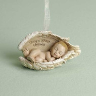 3.5 inch Baby Keepsakes Ornament  "Baby's First Christmas" written on inside of angel wing. Dimensions: 2.125"H x 3.5"W x 2"D. Materials: Resin/Stone Mix

 
 