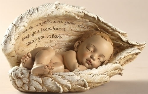 Sleeping Baby in Wings. Resin/Stone Mix. 8.25"Width 4.25" Height 4.25" Depth. "Heavenly angels sent from above, keep you from harm, wrap you in love".