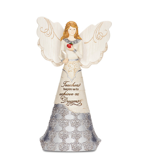 6" Teacher Angel Holding Book & Apple. Inscribed with: "Teachers inspire us to achieve our Dreams"