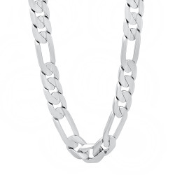 Men's 9.3mm High-Polished 0.25 mils (6 microns) Rhodium Brass Flat Figaro Chain Necklace, 7'-36' + Jewelry Cloth & Pouch (SKU: RL-010E)