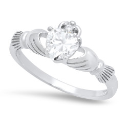 Sterling Silver Claddagh April Birthstone CZ Promise Ring Made in Italy + Cleaning Cloth (SKU: SS-RN1060A)