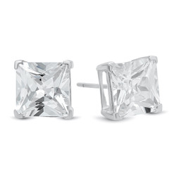 Pure 925 Sterling Silver Italian Crafted Princess Cut Square Clear CZ Stud Earrings + Polishing Cloth