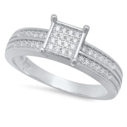 4.5mm Sterling Silver Italian Crafted CZ Pave Square w/Double CZ Inlay Wedding Ring + Polishing Cloth