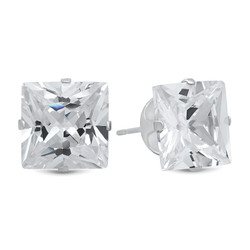 Princess Cut Clear Simulated Diamond CZ Sterling Silver Italian Crafted Stud Earrings + Polishing Cloth