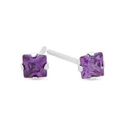 Square Cut Simulated Purple Amethyst CZ Sterling Silver Italian Crafted Stud Earrings + Polishing Cloth