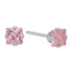 Square Cut Simulated Pink Tourmaline CZ Sterling Silver Italian Crafted Stud Earrings + Polishing Cloth