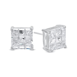 Square Cut Clear Simulated Diamond CZ Sterling Silver Italian Crafted Stud Earrings + Polishing Cloth