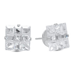 Square Cut Clear Synthetic Gemstone CZ Sterling Silver Italian Crafted Stud Earrings + Polishing Cloth