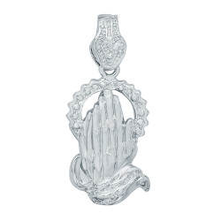 Large 24mm x 41mm Rhodium Plated Praying Hands With Halo Pendant + Microfiber