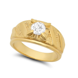 10mm 14k Gold Plated Textured-Tie Band w/Round Clear CZ Solitaire Ring + Jewelry Polishing Cloth (SKU: GL-MN29)