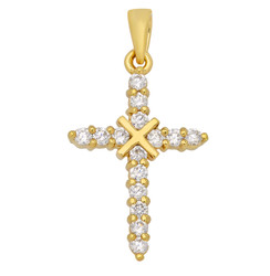 Gold Plated Small Cross x Pendant w/Round Brilliant Cut CZs + Jewelry Polishing Cloth (SKU: GL-CZP440)