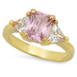 Gold Plated Emerald-Cut Light Blush Pink CZ Three-Stone Ring + Microfiber