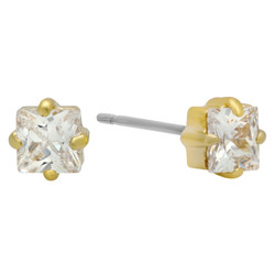 4mm Square Cut Cubic Zirconia Gold Plated Stud Earrings + Microfiber