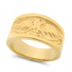 Large 21mm 14k Gold Plated Pipe-Cut Band w/Diamond-Cut Eagle Ring + Microfiber