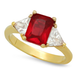 Gold Plated Emerald-Cut Dark Crimson Red CZ Three-Stone Ring + Microfiber
